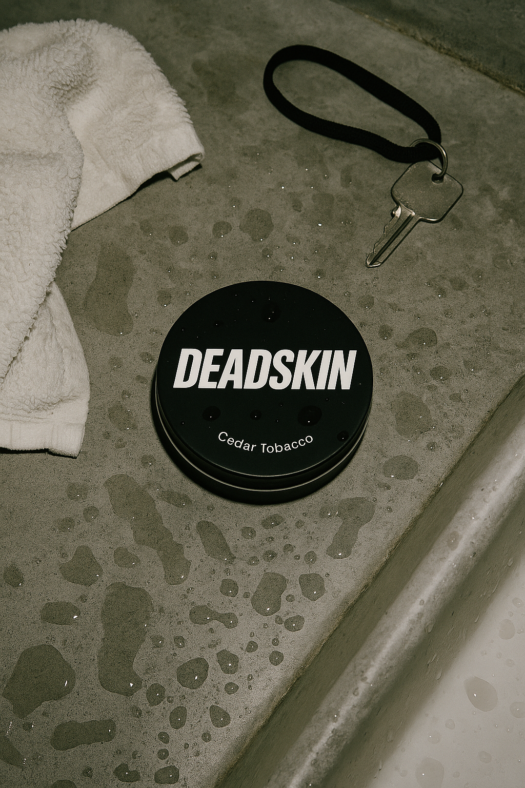 Gym Fragrance ; Deadskin cedar tobacco canister on a textured surface with a key and towel.